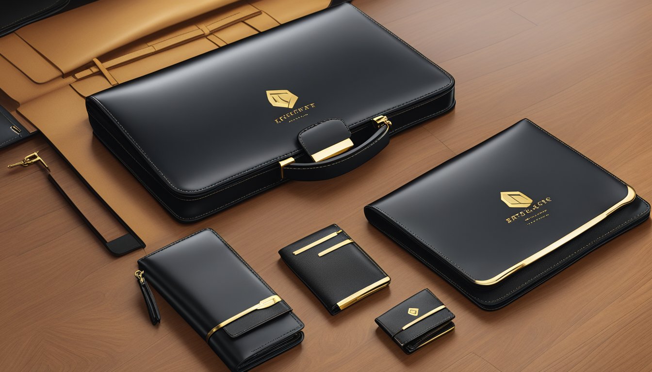 A sleek leather briefcase and matching wallet displayed on a polished wooden desk with the company logo etched in gold