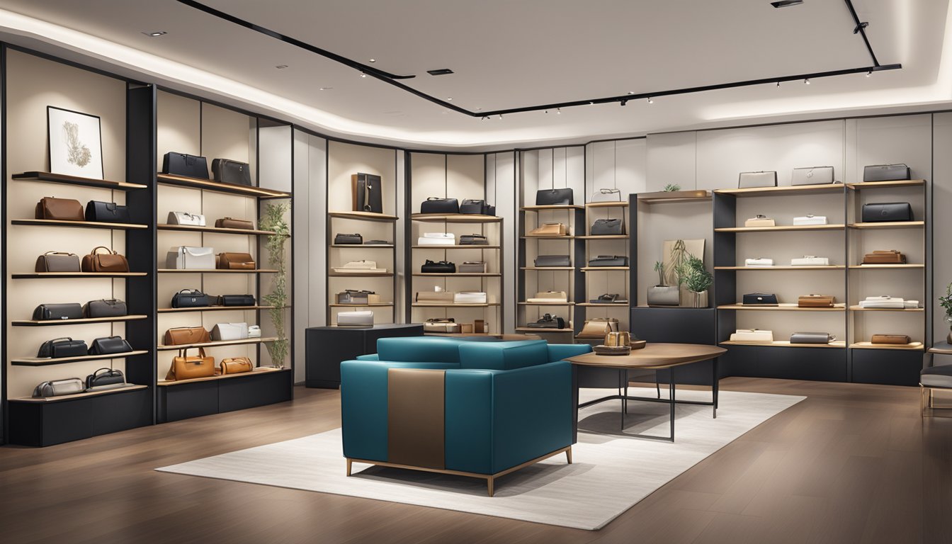 A collection of luxury leather goods and corporate gifts displayed in a sleek, modern showroom in Singapore