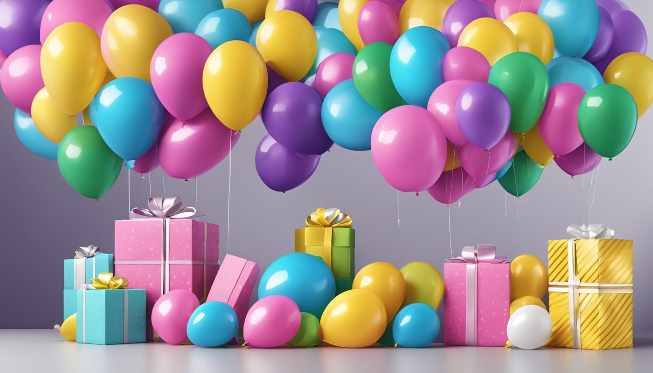 A group of colorful balloons with the CELEBLOONS logo, arranged neatly on a table with corporate gift boxes in the background