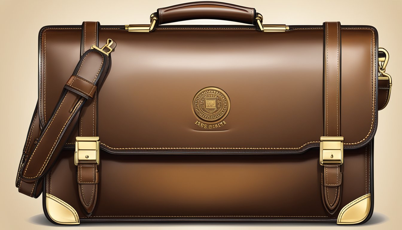 A luxurious leather briefcase sits on a polished desk, adorned with the company logo. The craftsmanship is evident in the fine stitching and smooth finish