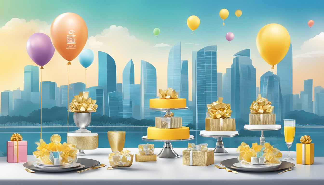 A table adorned with elegant corporate gifts, branded with the CELEBLOONS logo, against a backdrop of a modern Singapore skyline