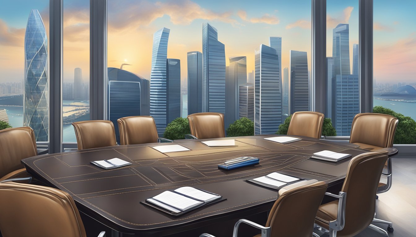 A conference table adorned with luxurious leather goods and corporate gifts, with a backdrop of the Singapore skyline