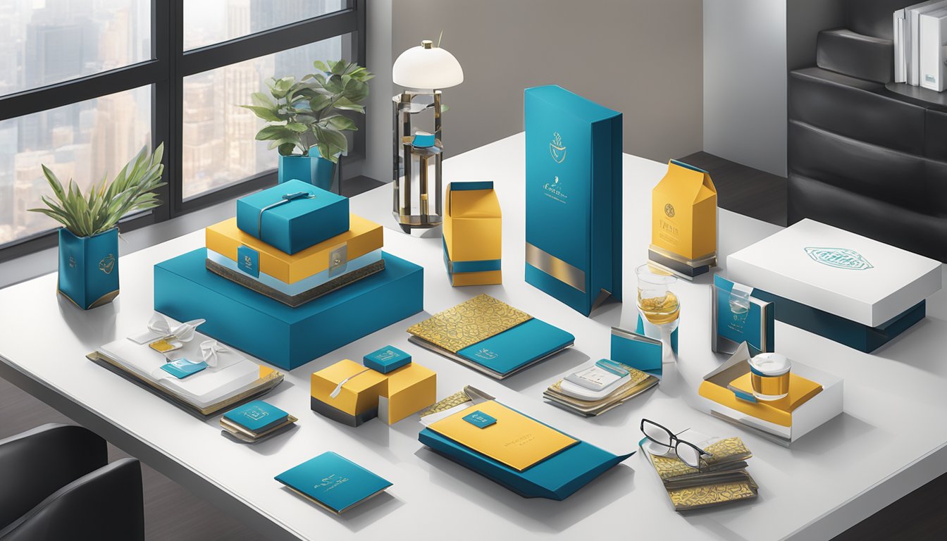 A table adorned with a variety of elegant corporate gifts, including branded merchandise, gift sets, and custom-designed products, displayed in a sleek and professional setting