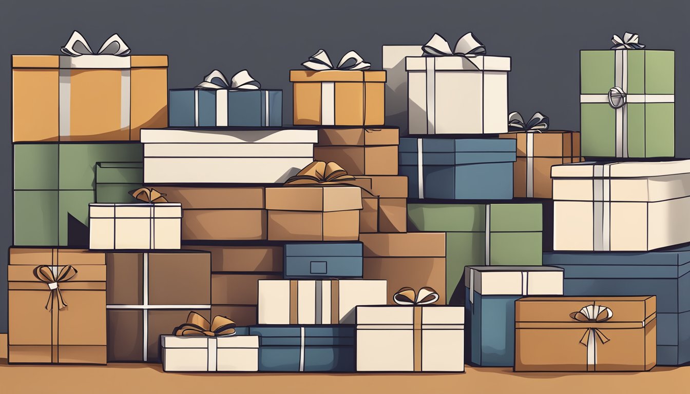 A pile of elegant leather goods neatly packaged for shipping, surrounded by corporate gift boxes with the Rever Leather Goods logo