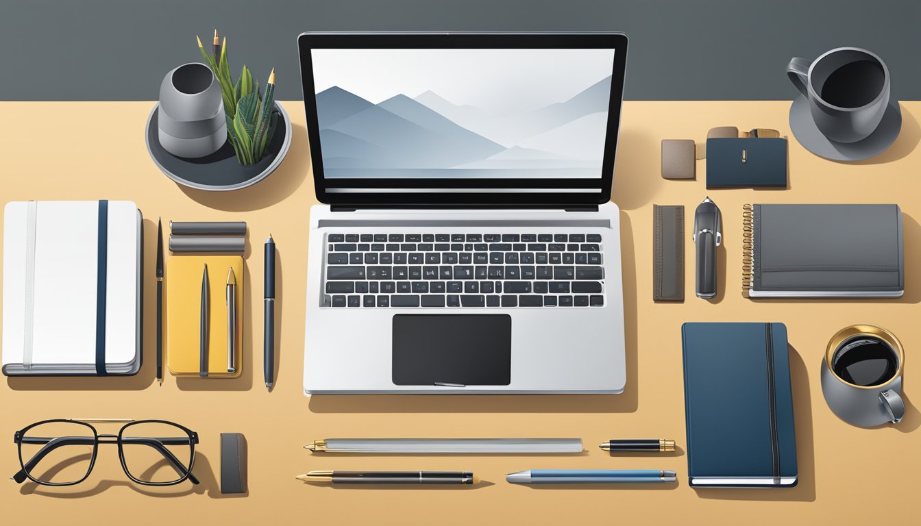 A sleek office desk with a variety of high-quality corporate gifts displayed neatly, including branded pens, leather notebooks, and elegant desk organizers