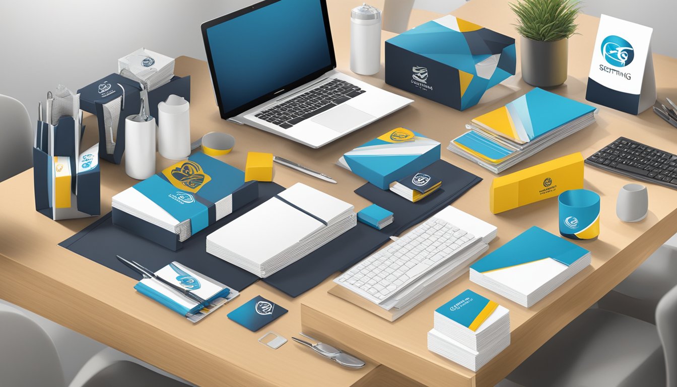 A table with various corporate gifts displayed, including branded items and custom packaging, with the SGifting Pte Ltd logo prominently featured
