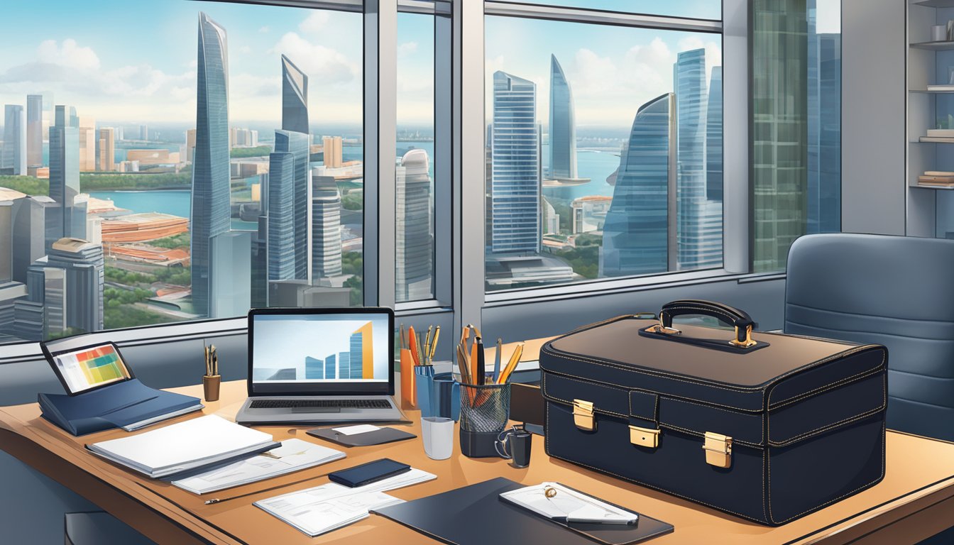A sleek, modern leather briefcase sits on a polished desk, surrounded by elegant corporate gifts and branded merchandise. The Singapore skyline is visible through the window in the background
