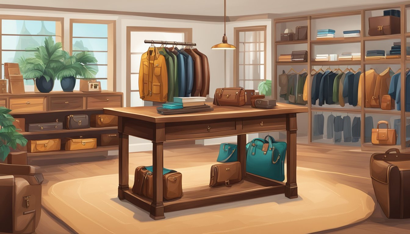A table displaying leather goods with positive customer testimonials and reviews in the background