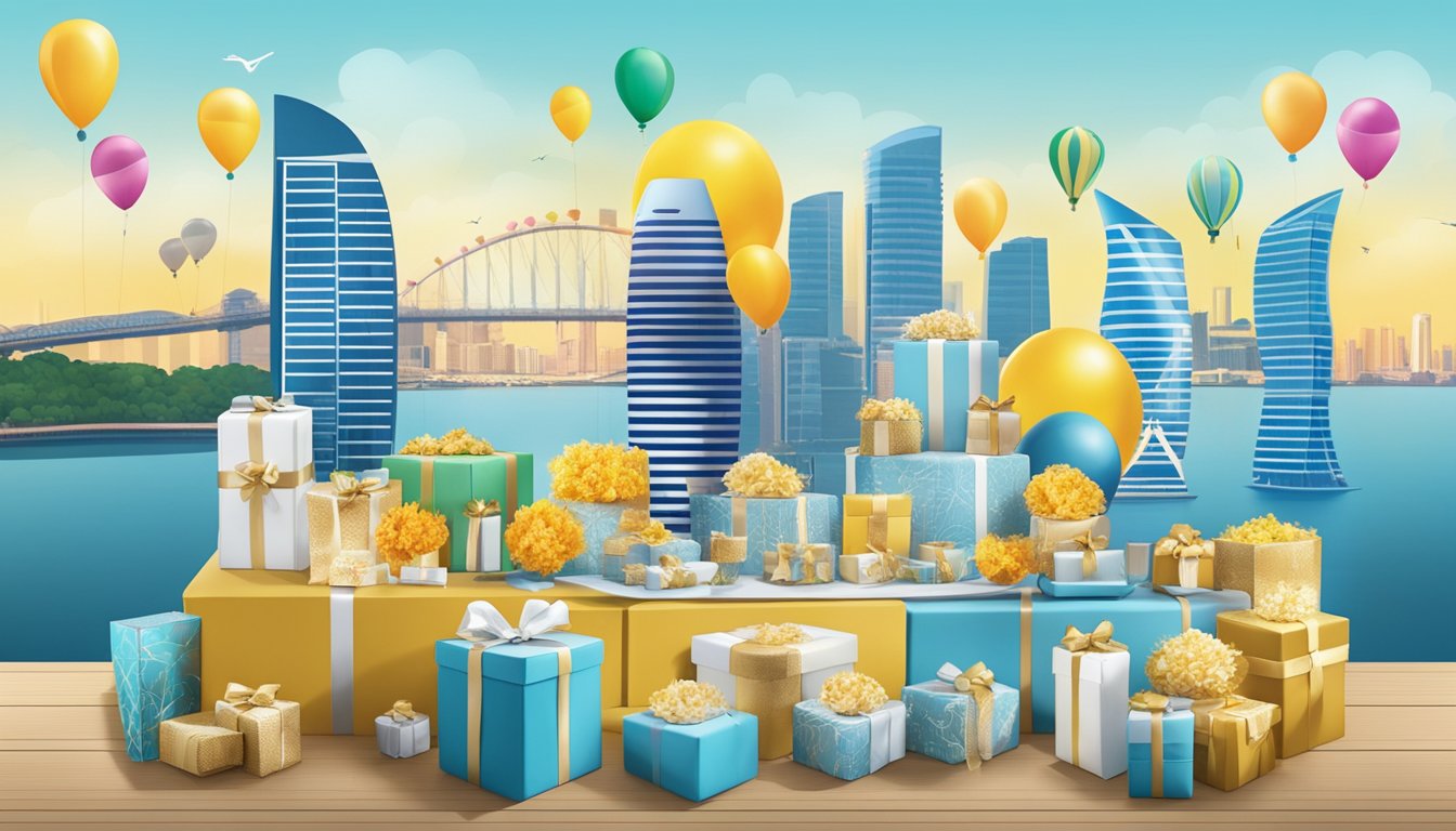 A table adorned with elegant corporate gifts, including branded CELEBLOONS products, displayed against a backdrop of the Singapore skyline