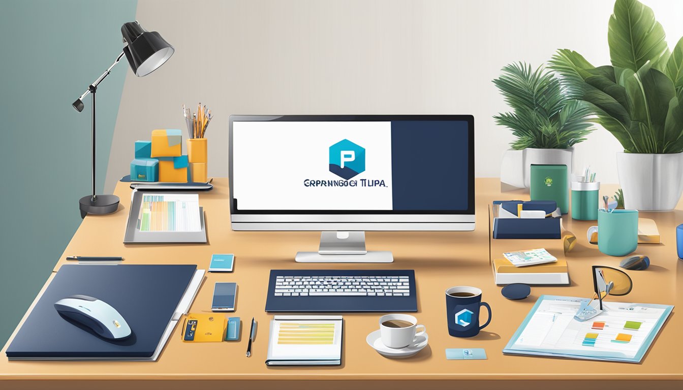 A table filled with a variety of corporate gifts, including branded merchandise, electronics, and custom gift sets. The backdrop features the SGifting Pte Ltd logo and a sleek, modern office setting