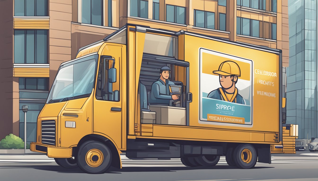 A delivery truck pulls up to a modern office building, where a worker in a CELEBLOONS uniform unloads a stack of neatly wrapped corporate gifts. The building's logo is prominently displayed on the side of the truck