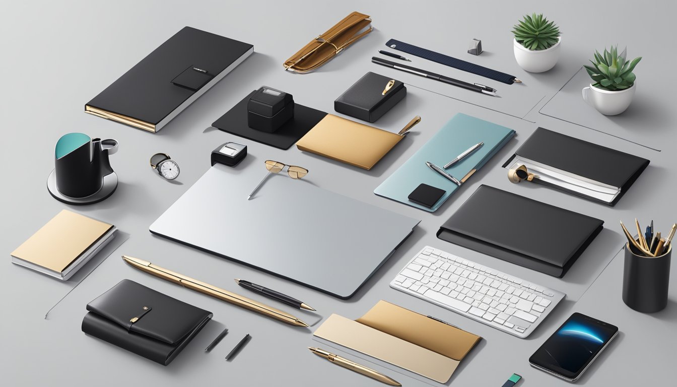 A sleek, modern office desk adorned with an assortment of high-quality corporate gifts, including elegant pens, luxurious leather goods, and stylish tech accessories