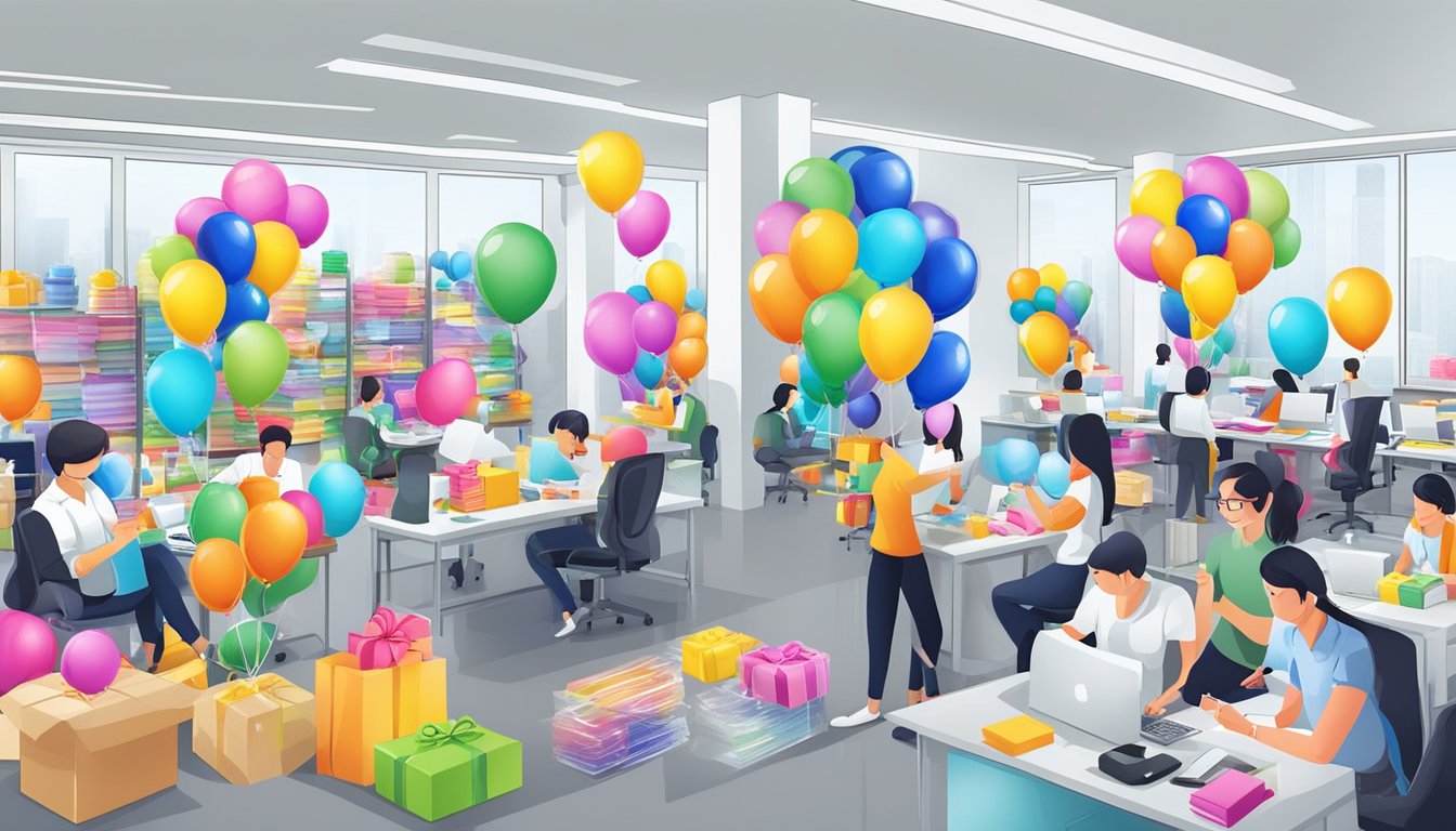 A group of employees at CELEBLOONS Corporate Gifts Singapore are busy packaging and organizing various corporate gifts for their customers. The room is filled with colorful balloons, elegant gift boxes, and branded merchandise