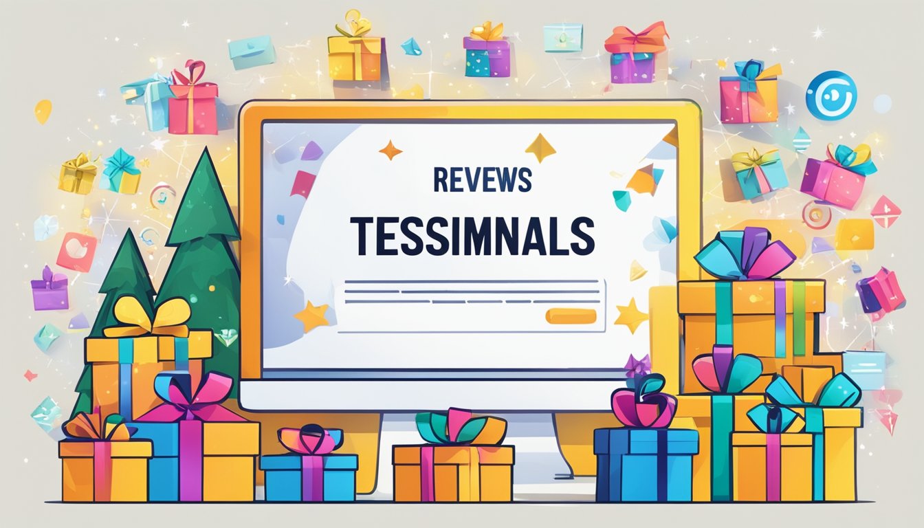 A collection of positive customer testimonials and reviews displayed on a digital screen, surrounded by colorful and festive corporate gifts