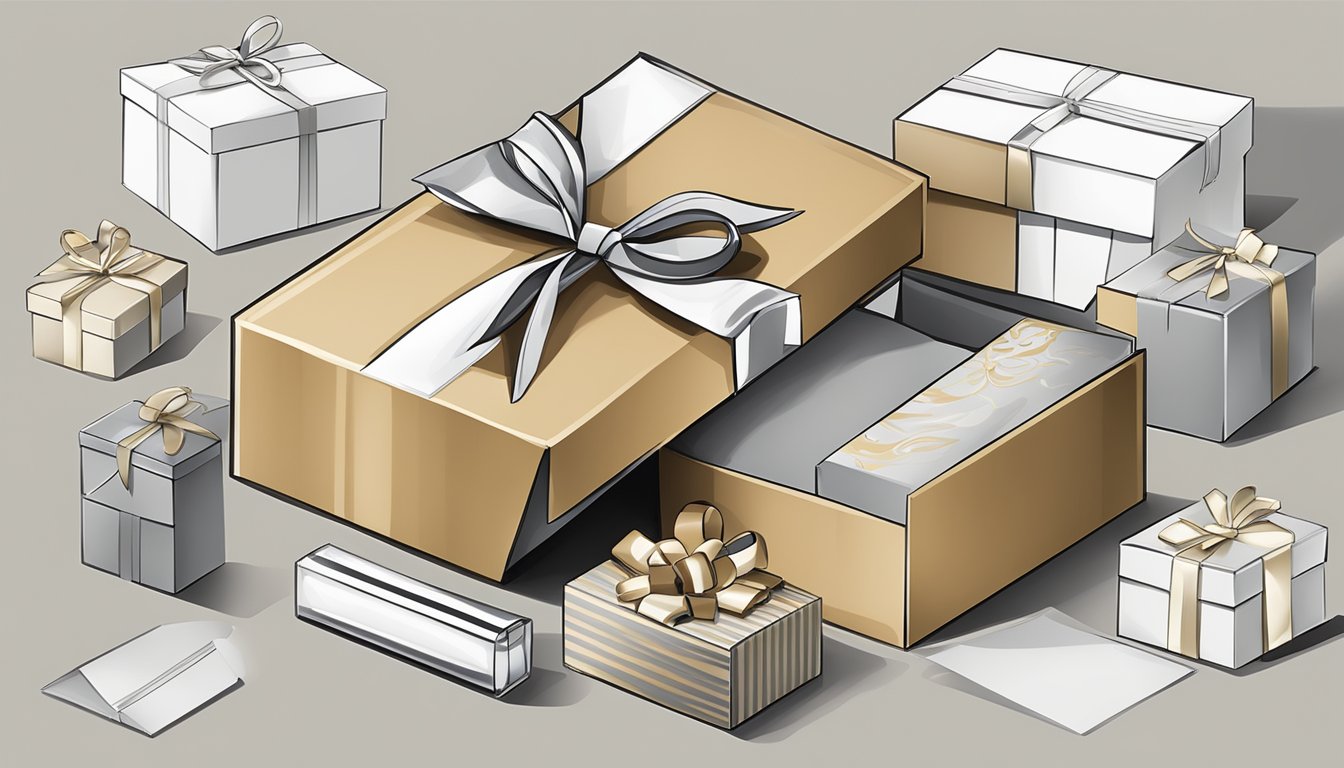 A corporate gift box being packed with branded items and wrapped in the company's signature packaging, ready for delivery