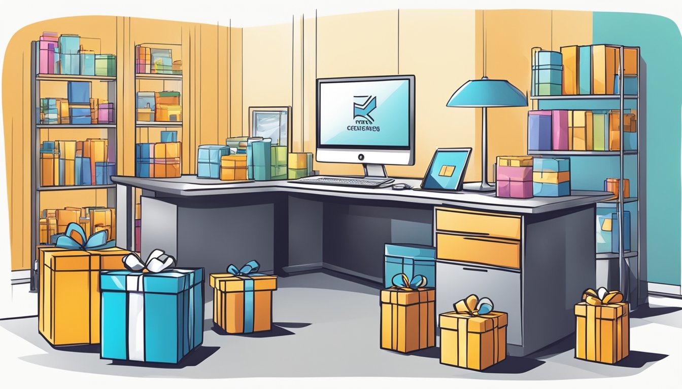 A table displaying various corporate gifts with the company logo. Brightly lit room with a professional atmosphere