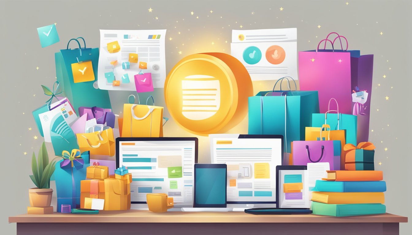 A table filled with various corporate gifts, surrounded by glowing customer testimonials and reviews