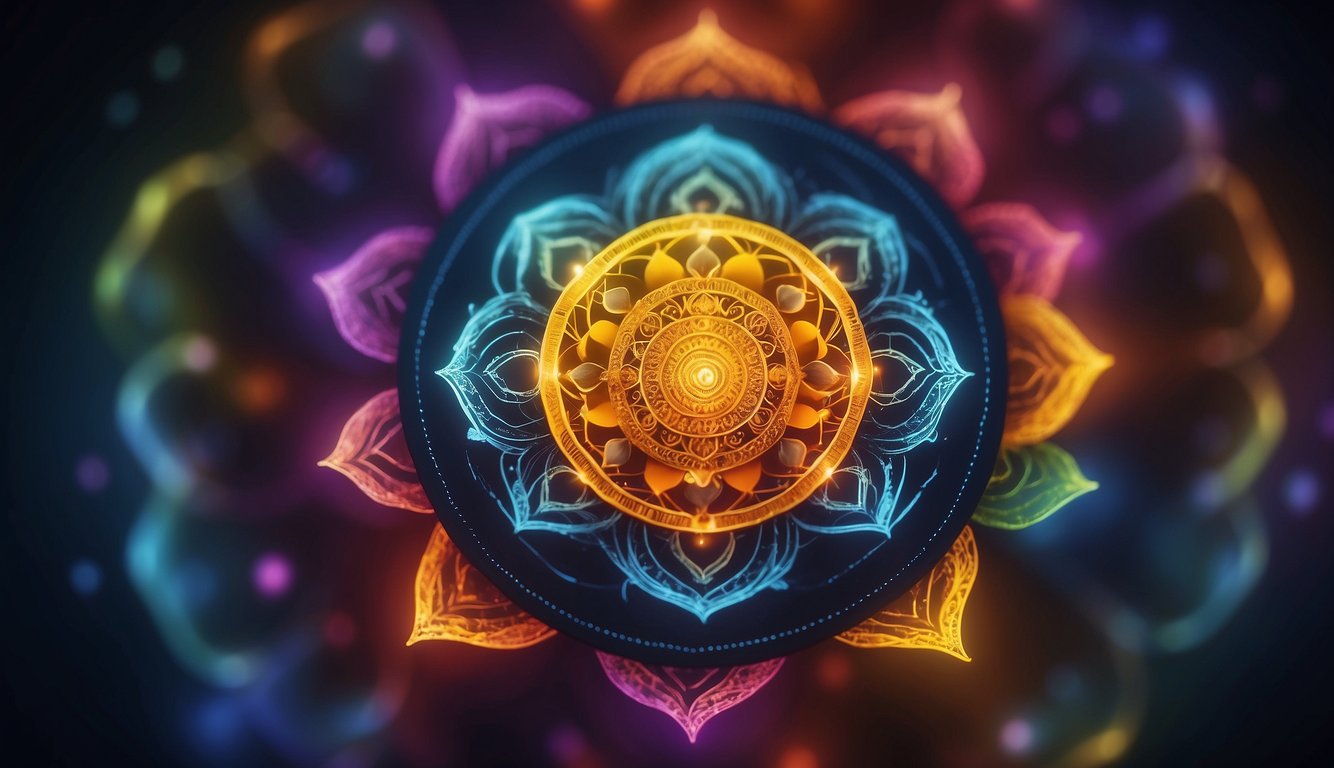 A serene, meditative setting with vibrant, swirling colors representing the seven chakras, each radiating energy and balance