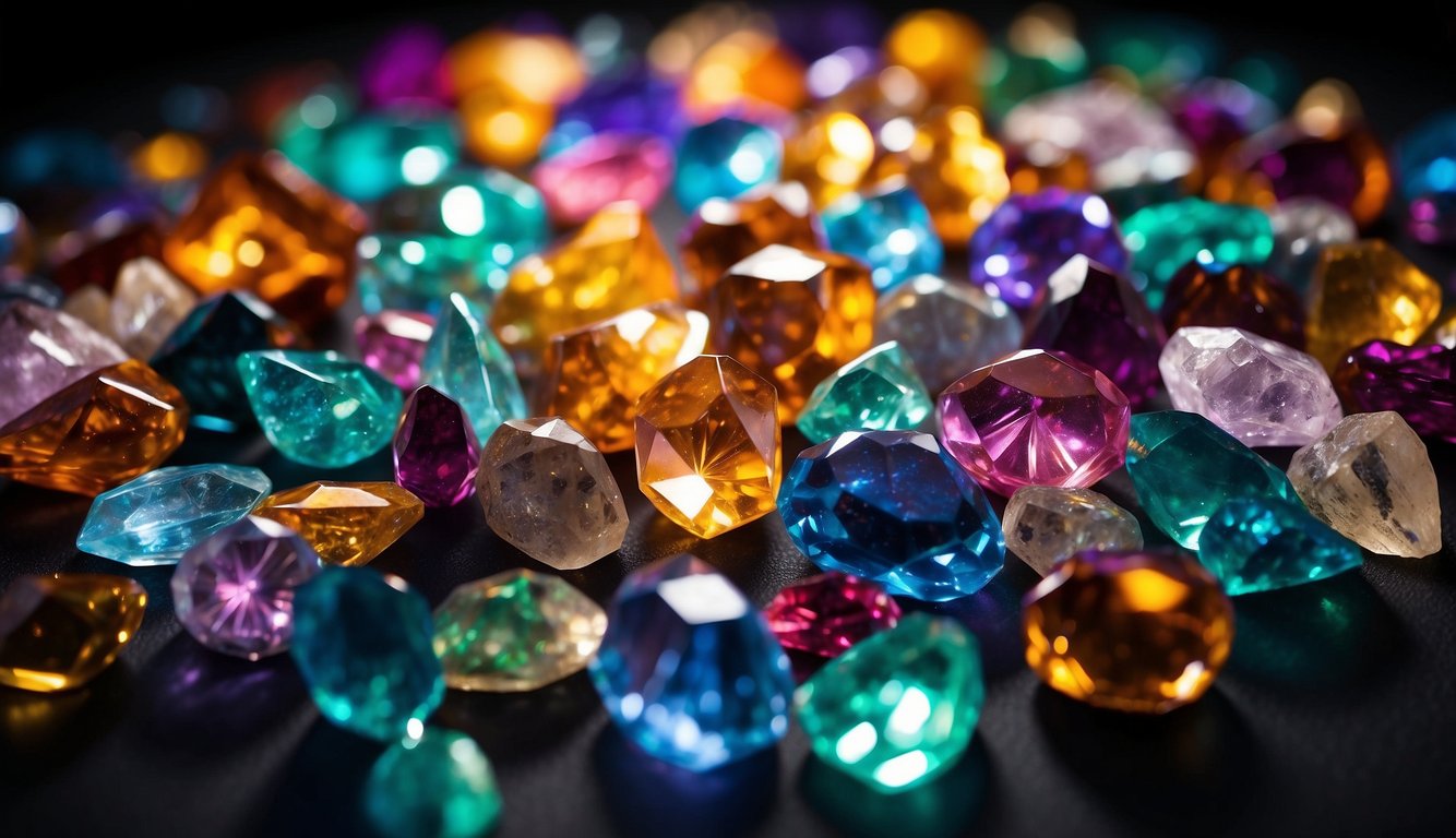 A collection of colorful crystals arranged in a circular pattern, each representing a different energy center, surrounded by soft glowing light