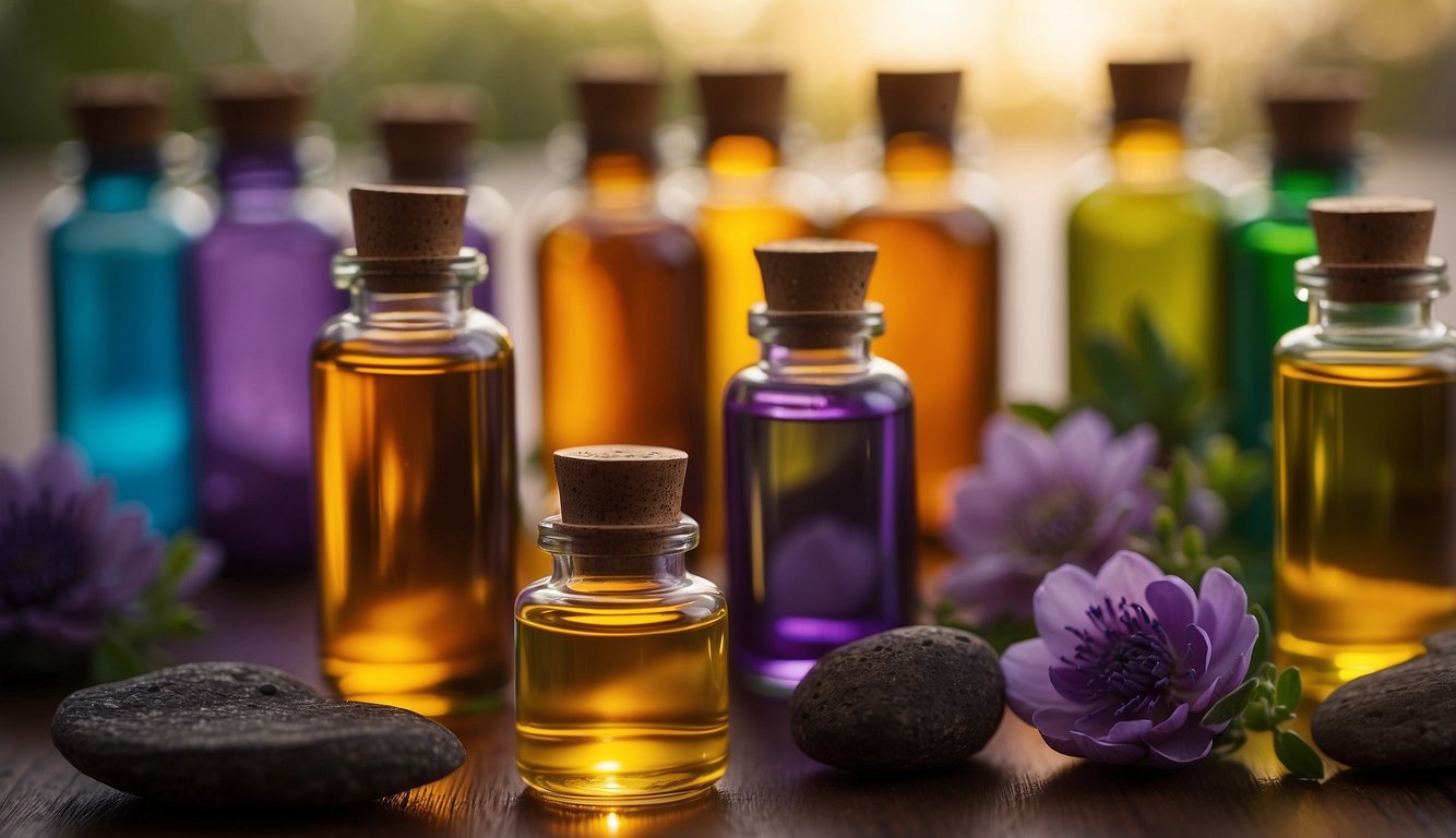 A serene, meditative setting with colorful bottles of essential oils arranged in a circular pattern, representing the seven chakras. Soft, diffused light enhances the peaceful atmosphere