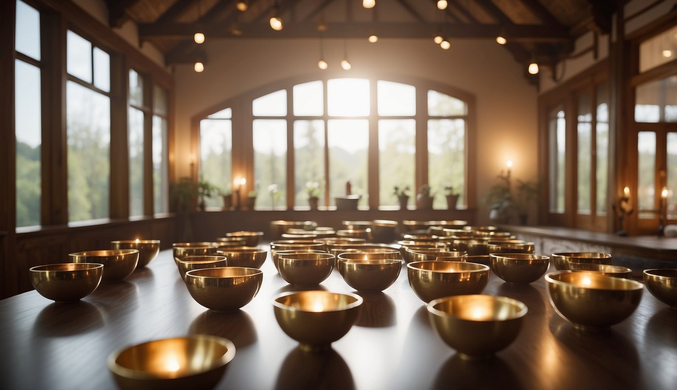 A serene room with singing bowls arranged in a circle, emitting gentle vibrations. Soft light filters through the windows, casting a calming glow over the space