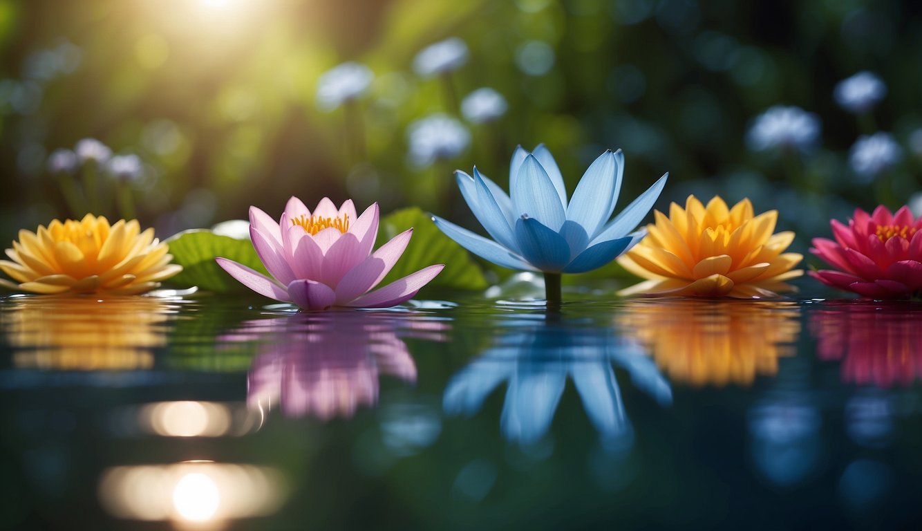 A serene garden with six vibrant flowers, each representing a different chakra, surrounded by flowing water and soft, colorful light