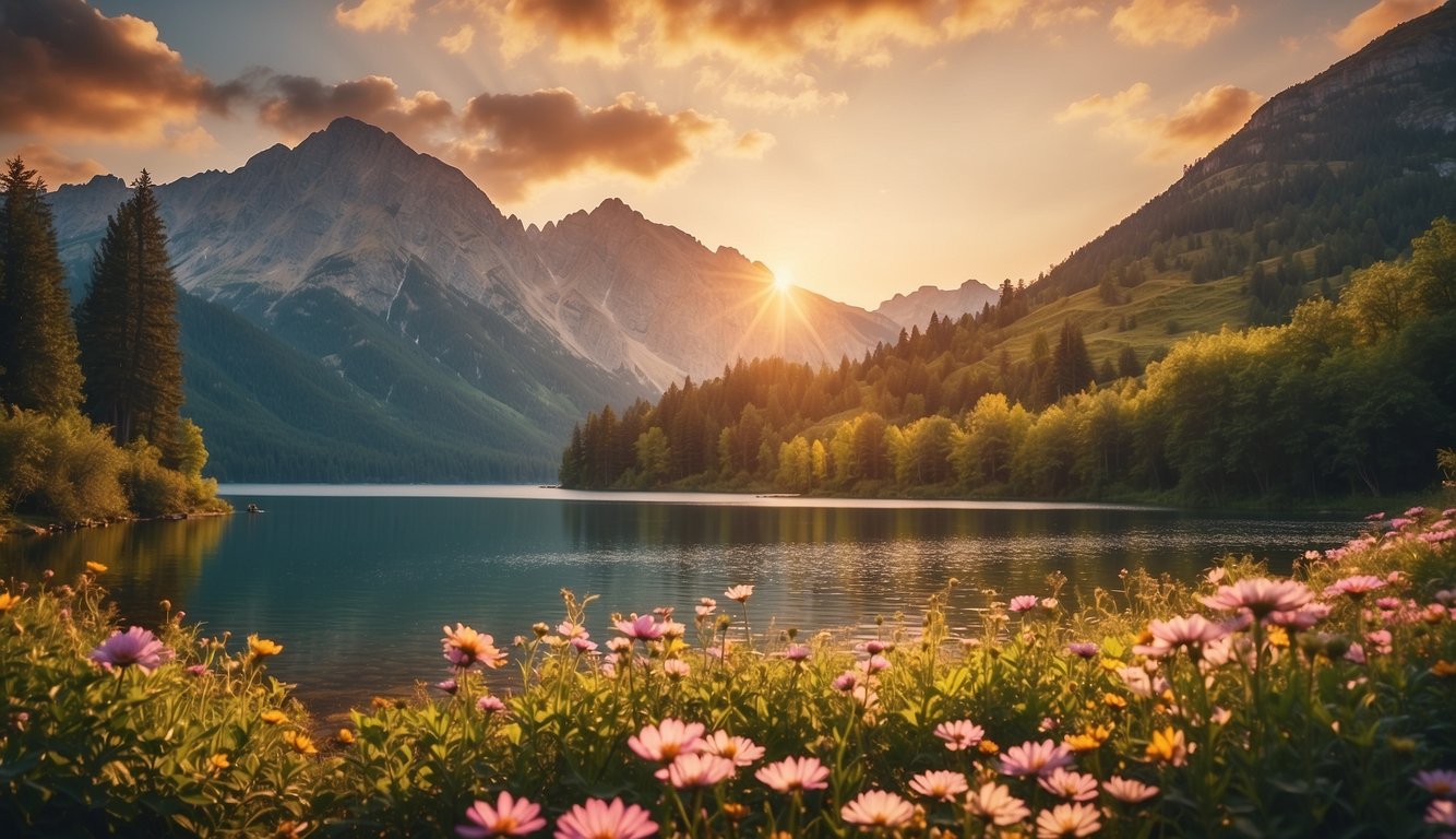 A serene mountain landscape with a tranquil lake, surrounded by lush greenery and colorful flowers, with a warm, golden sunset casting a peaceful glow over the scene