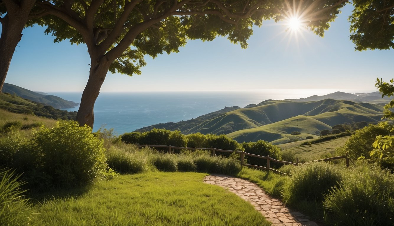 A serene landscape with rolling hills and a tranquil ocean view, surrounded by lush greenery and a peaceful atmosphere