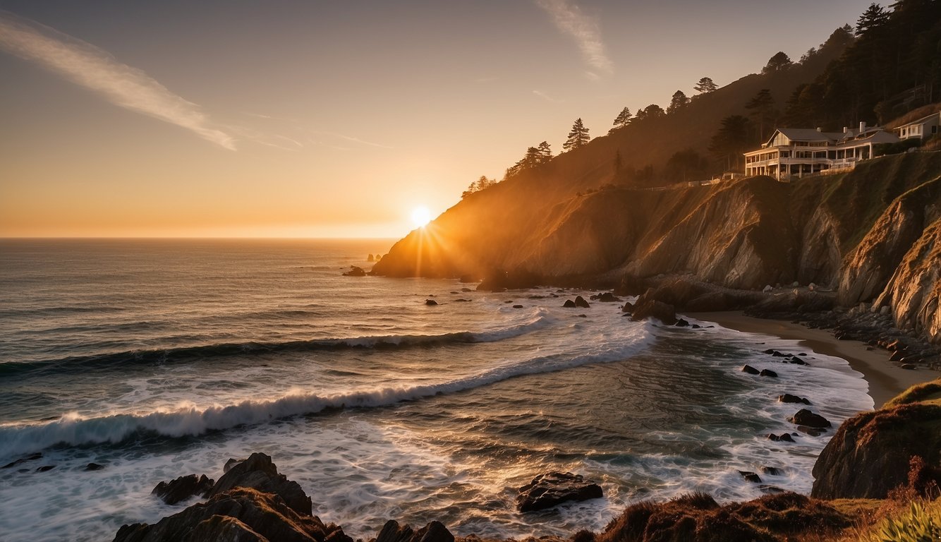 The sun sets behind the rugged cliffs of Esalen Institute, casting a warm glow over the tranquil grounds. The ocean crashes against the rocky shore, creating a soothing soundtrack for those seeking spiritual renewal