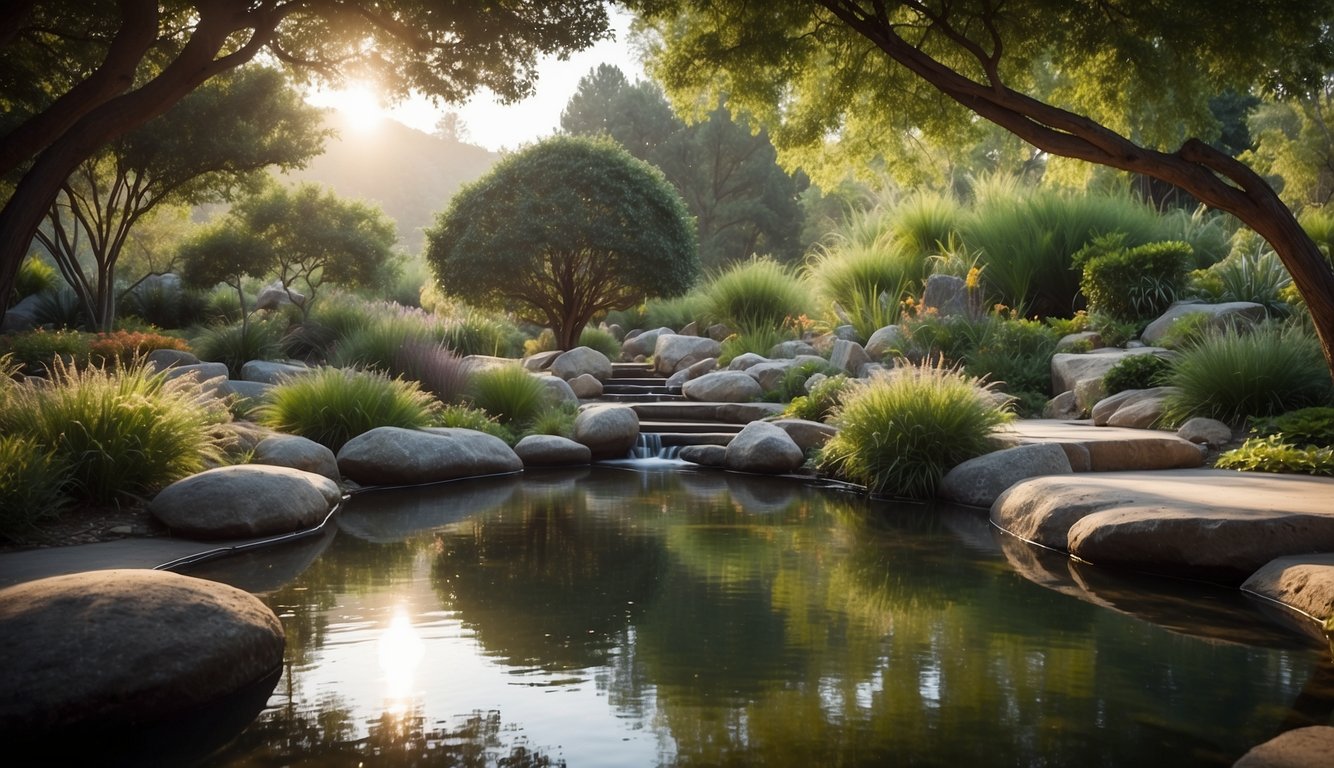 A peaceful meditation garden surrounded by lush greenery and a tranquil pond at Spirit Rock Meditation Center, California