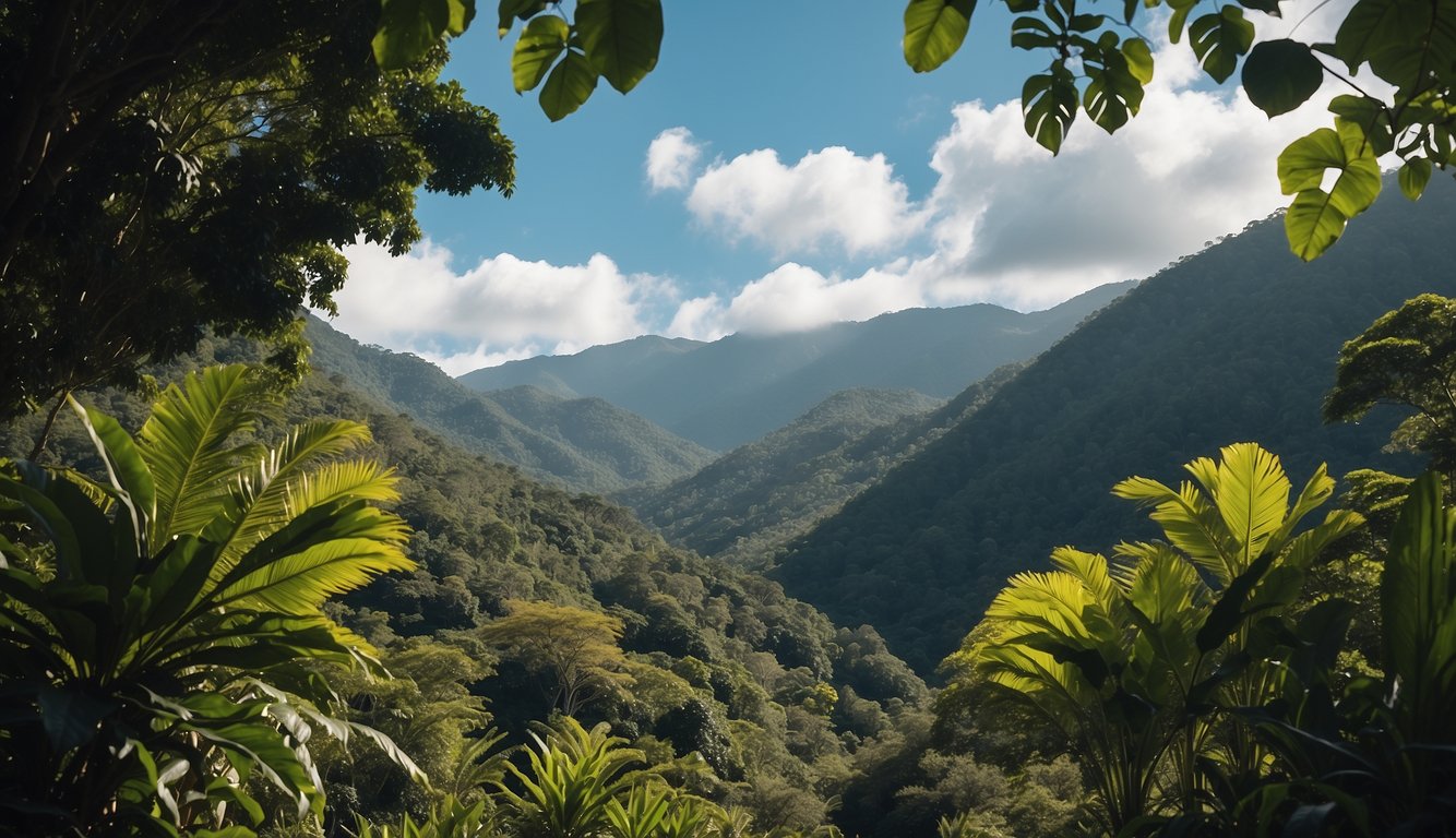 A tranquil jungle setting with a vibrant blue spirit hovering over a serene Costa Rican landscape, evoking a sense of peace and spiritual connection