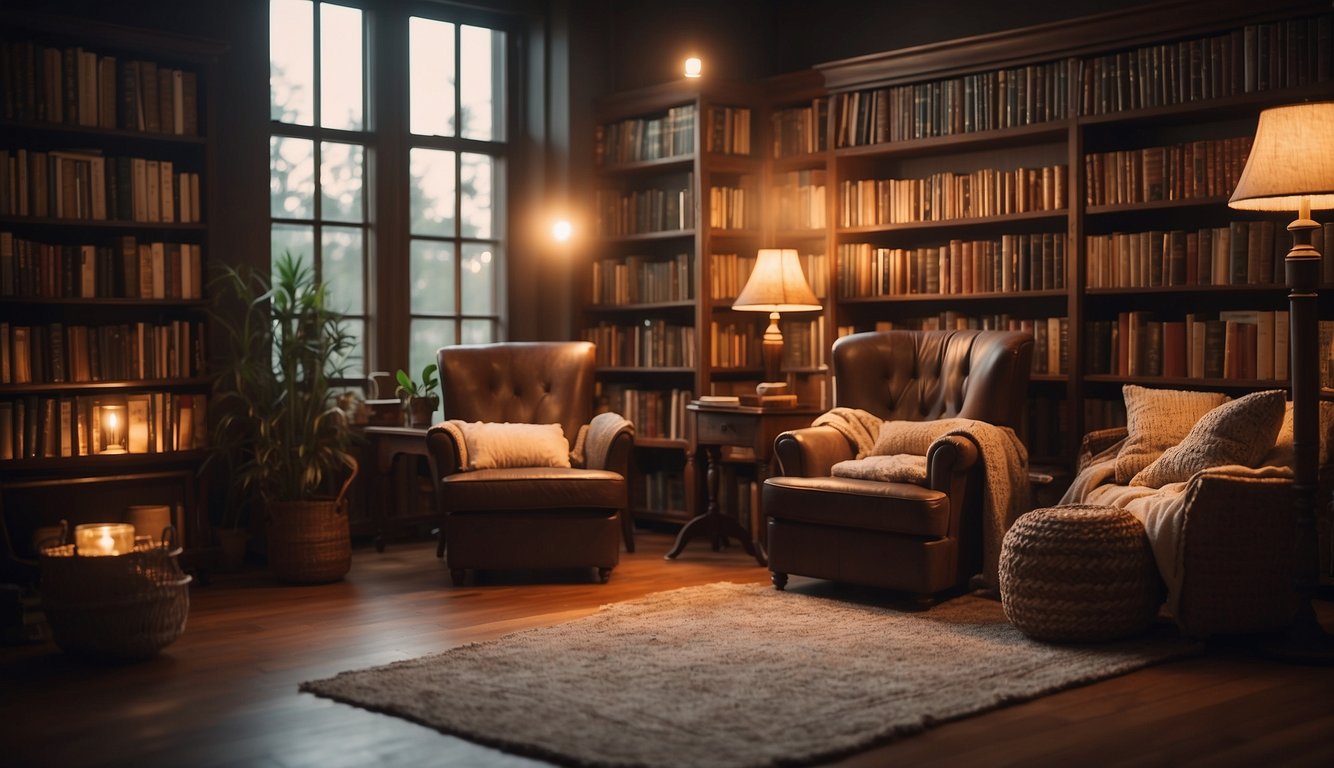 A tranquil library with shelves filled with spiritual classics, a cozy reading nook with a comfortable chair and a soft blanket, and a warm glow from a nearby lamp