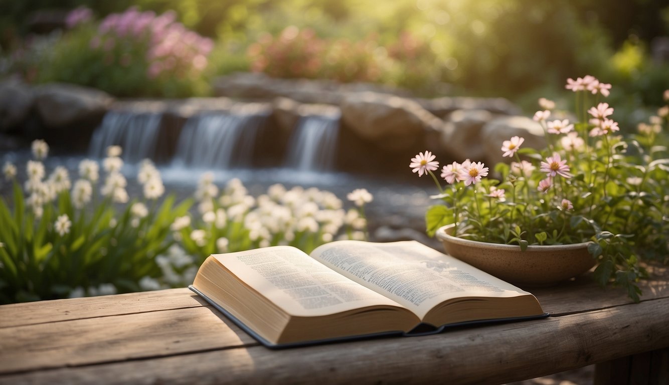 A serene garden with a flowing stream, blooming flowers, and a gentle breeze. A book with the title "The Seven Spiritual Laws of Success" is open on a peaceful, sunlit bench