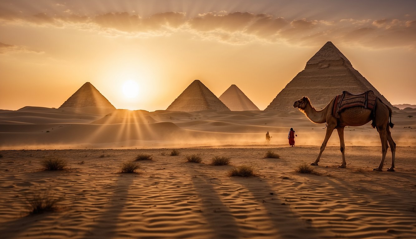 A lone figure stands before a vast desert, a caravan of camels in the distance. The sun sets behind the towering pyramids, casting a golden glow over the ancient landscape