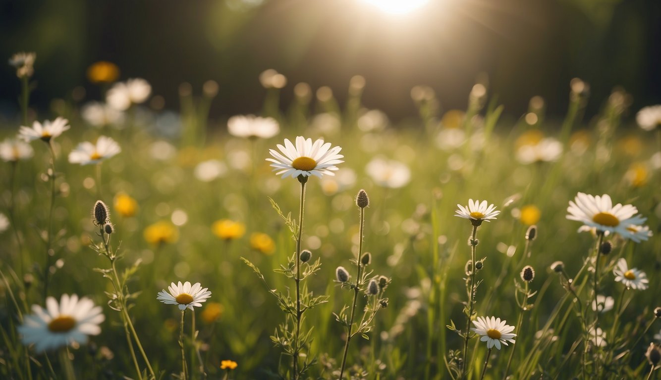 A serene meadow with a radiant sun, lush greenery, and colorful flowers. A gentle breeze whispers through the air, creating a sense of peace and tranquility
