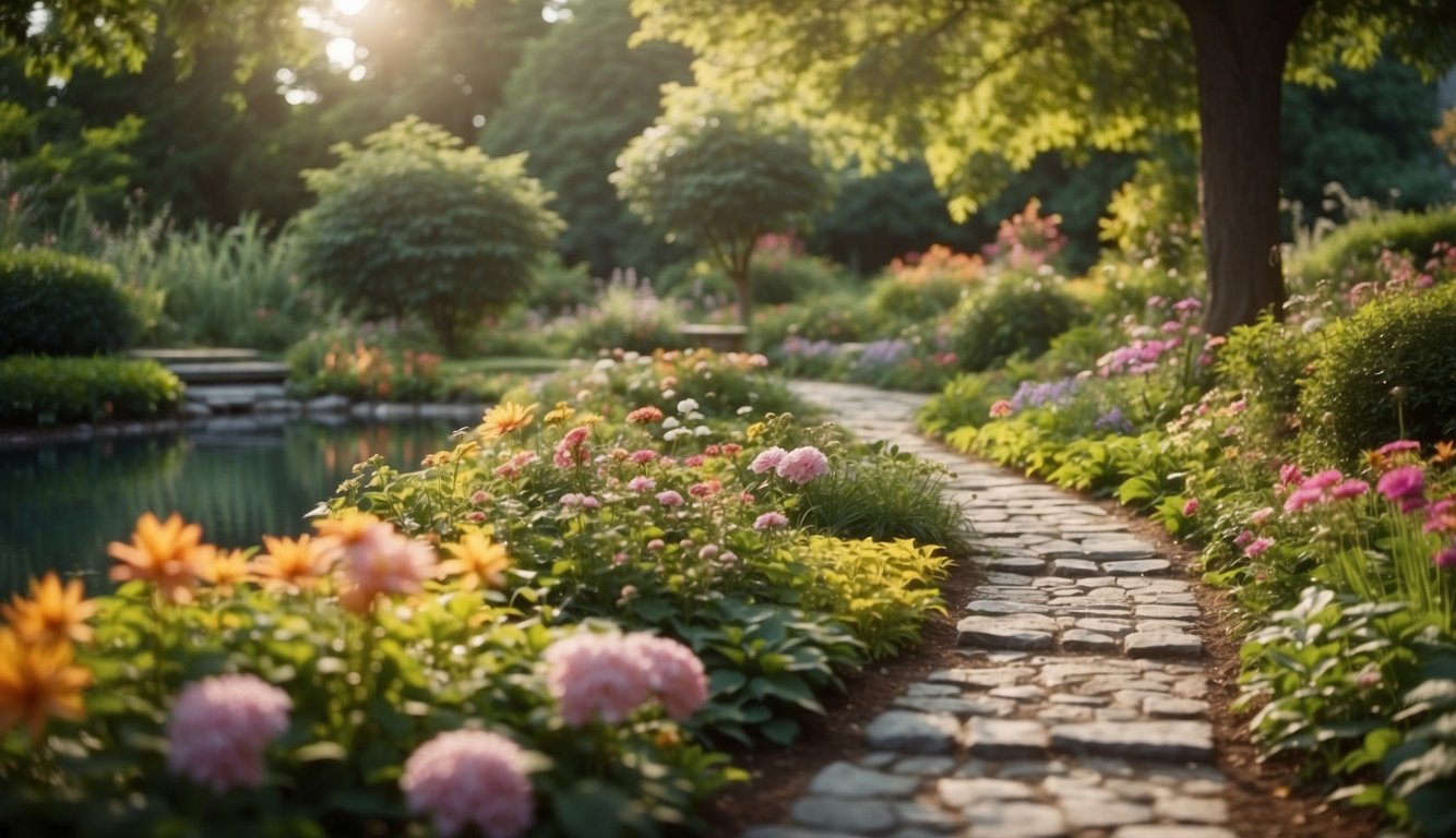 A serene garden with a stone path leading to a tranquil pond, surrounded by lush greenery and colorful flowers. A gentle breeze rustles the leaves, creating a sense of peace and harmony
