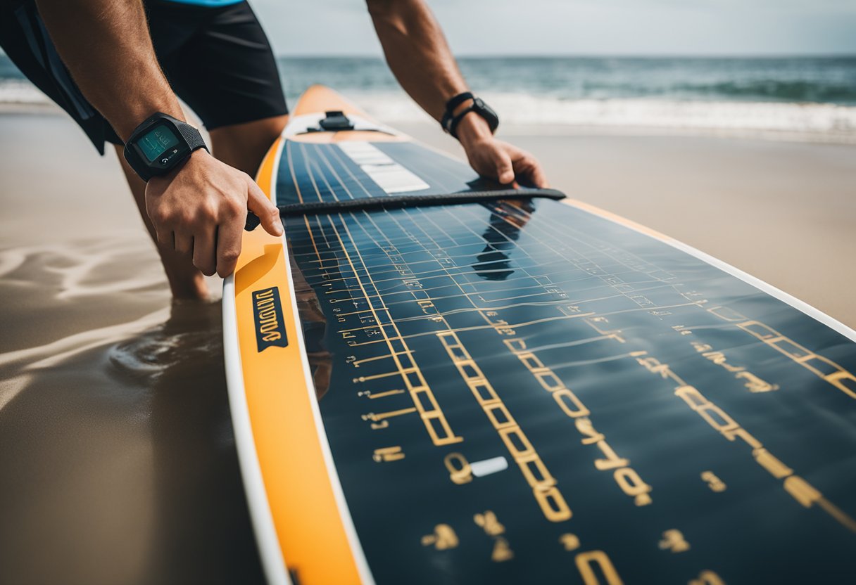 A person measuring a paddleboard with a ruler, comparing it to a checklist of specifications to ensure it's the right size