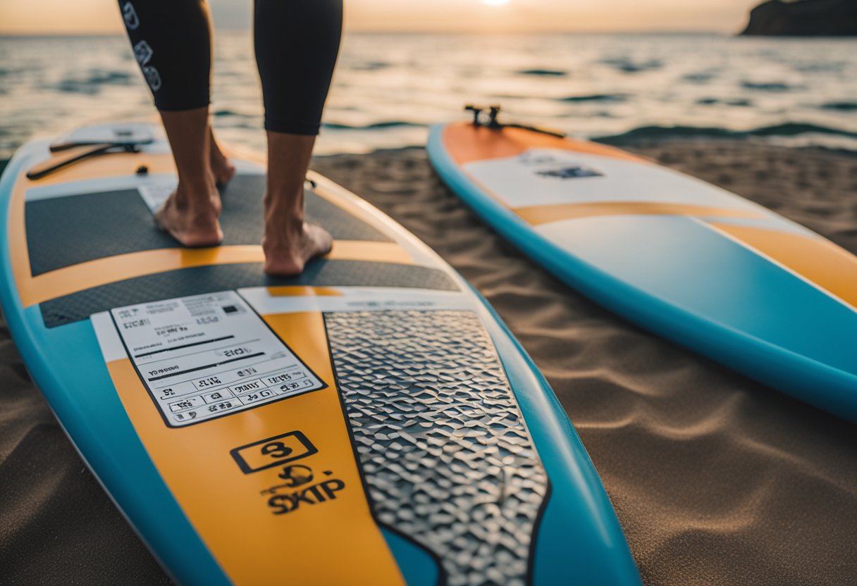 A person inspecting weight capacity label on a paddleboard, with various paddleboards lined up for comparison