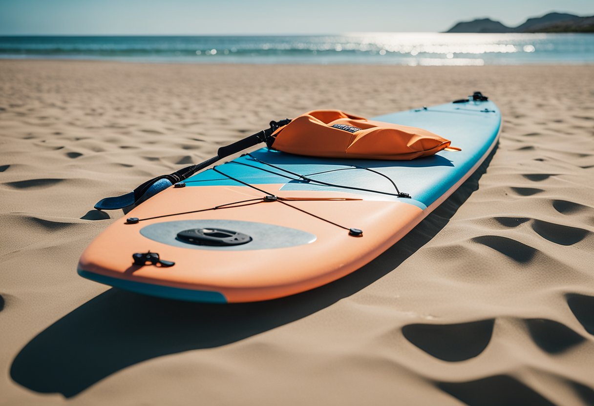 A paddleboard, paddle, life jacket, and proper clothing laid out on a sandy beach next to calm waters with a clear blue sky overhead