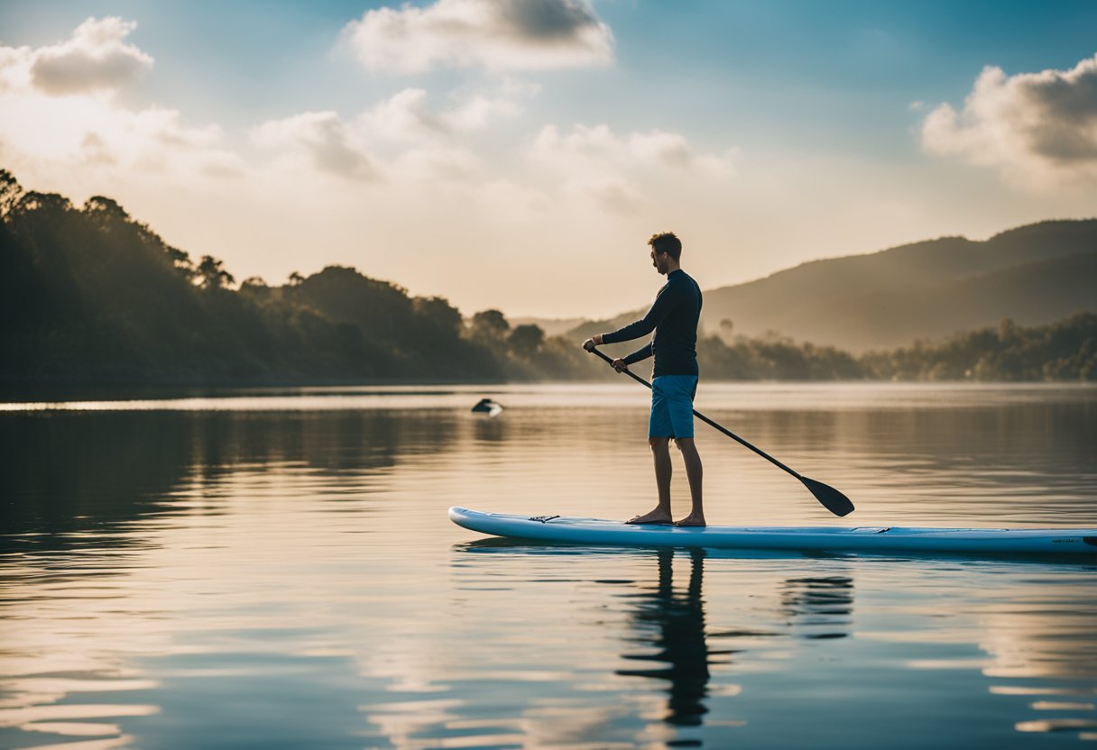 Calm waters reflect the sky's serene blue, with a paddleboard gliding effortlessly across the surface, exuding a sense of tranquility and balance