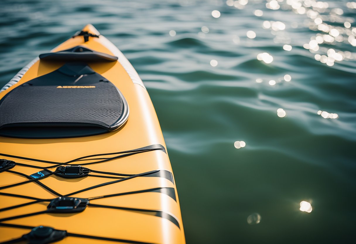 A paddleboard with high-quality accessories displayed next to it, including a carbon fiber paddle, a waterproof phone case, and a comfortable, adjustable life jacket