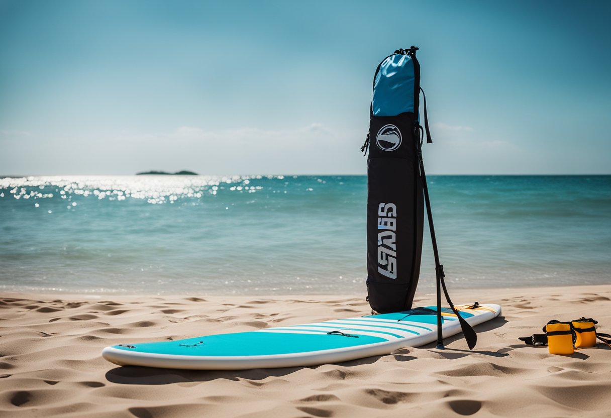 A bright, sunny beach with clear blue water, a BOTE AeroBag Paddleboard Bag laying on the sand. Surrounding it are various expensive paddleboarding accessories like paddles, fins, and leashes