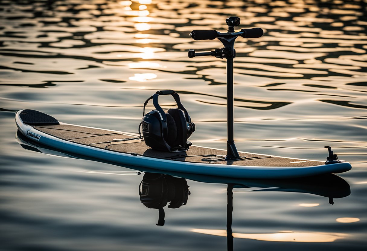 A sleek, modern YakAttack CommandStand stands tall on a paddleboard, surrounded by high-quality accessories. The sun glistens off the water, highlighting the premium materials and craftsmanship