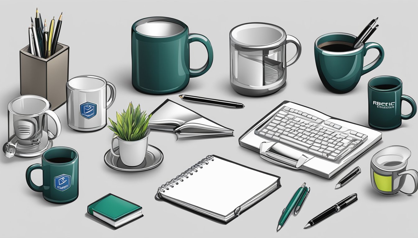 A table with various corporate gifts displayed, including pens, notebooks, and mugs. A company logo is visible on each item