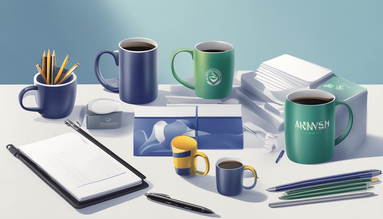 A table displaying a variety of corporate gifts with the company logo, including pens, mugs, and notebooks. The backdrop features the company's name and logo