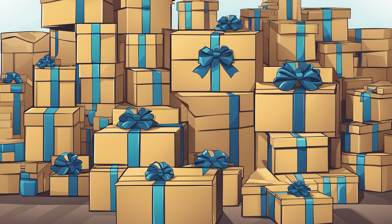 A pile of corporate gifts being packed into shipping boxes with the company logo prominently displayed