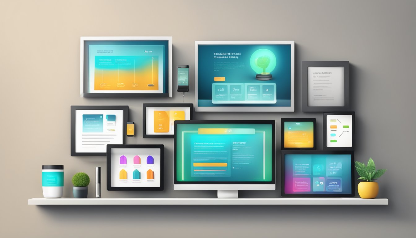 A group of diverse corporate gifts arranged neatly on a sleek, modern display shelf with glowing customer testimonials and reviews displayed on a digital screen above