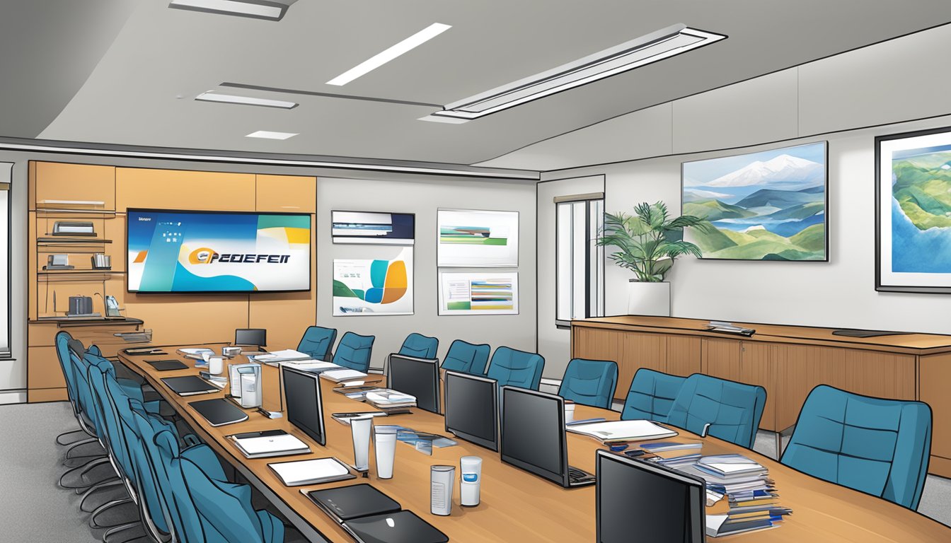 A conference room with a table filled with branded corporate gifts, including pens, notebooks, and electronic gadgets. A company logo is prominently displayed on each item