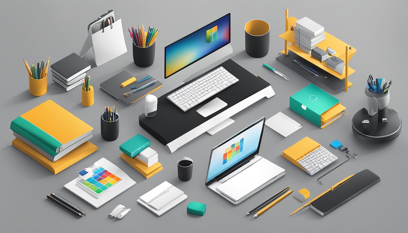 A sleek office desk with branded corporate gifts displayed neatly. The company logo is prominent, and there are various items such as pens, notebooks, and electronic gadgets