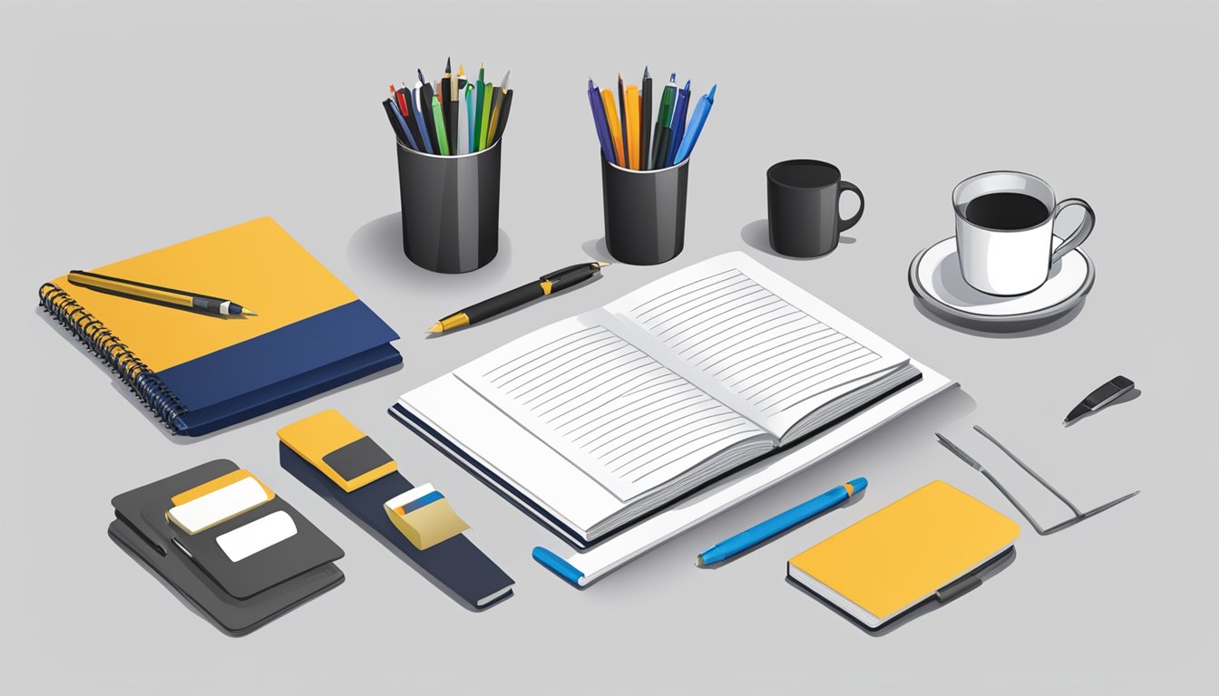 A table displays various corporate gifts - pens, notebooks, and mugs. A company logo is printed on each item